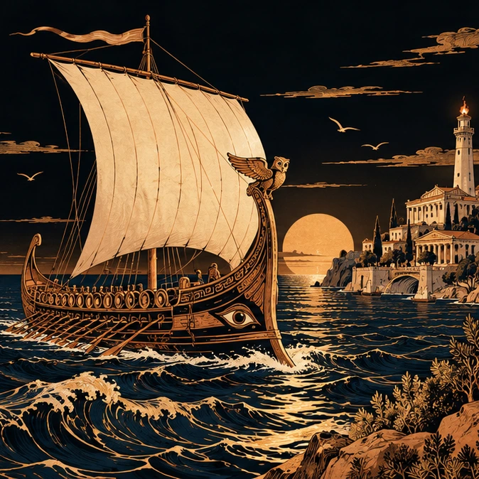 A Greek sailing ship crosses the sea toward a coastal city and lighthouse.