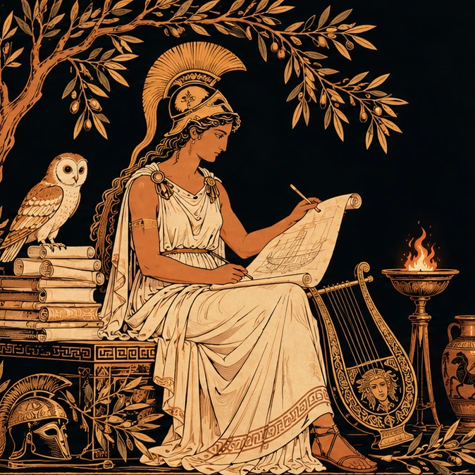 A Greek scholar with scrolls, an owl, and a lyre beneath an olive tree.