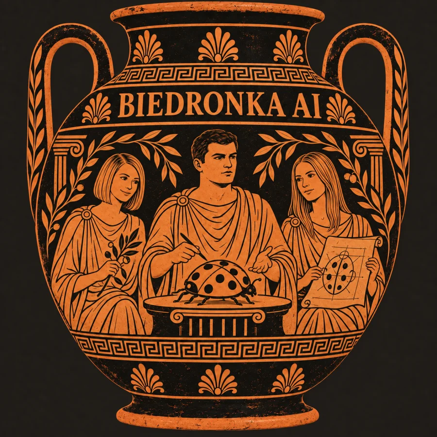 Biedronka AI portrayed on an ancient Greek amphora.
